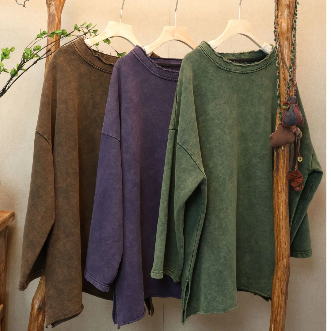 80225春新款炒色打底长款卫衣套头磨毛显瘦减龄做旧（可穿到160斤）