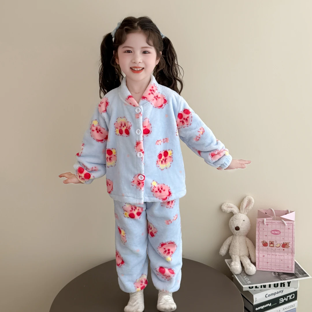 儿童秋冬款法兰绒睡衣宝宝加绒加厚家居服婴儿女童小女孩开衫套装