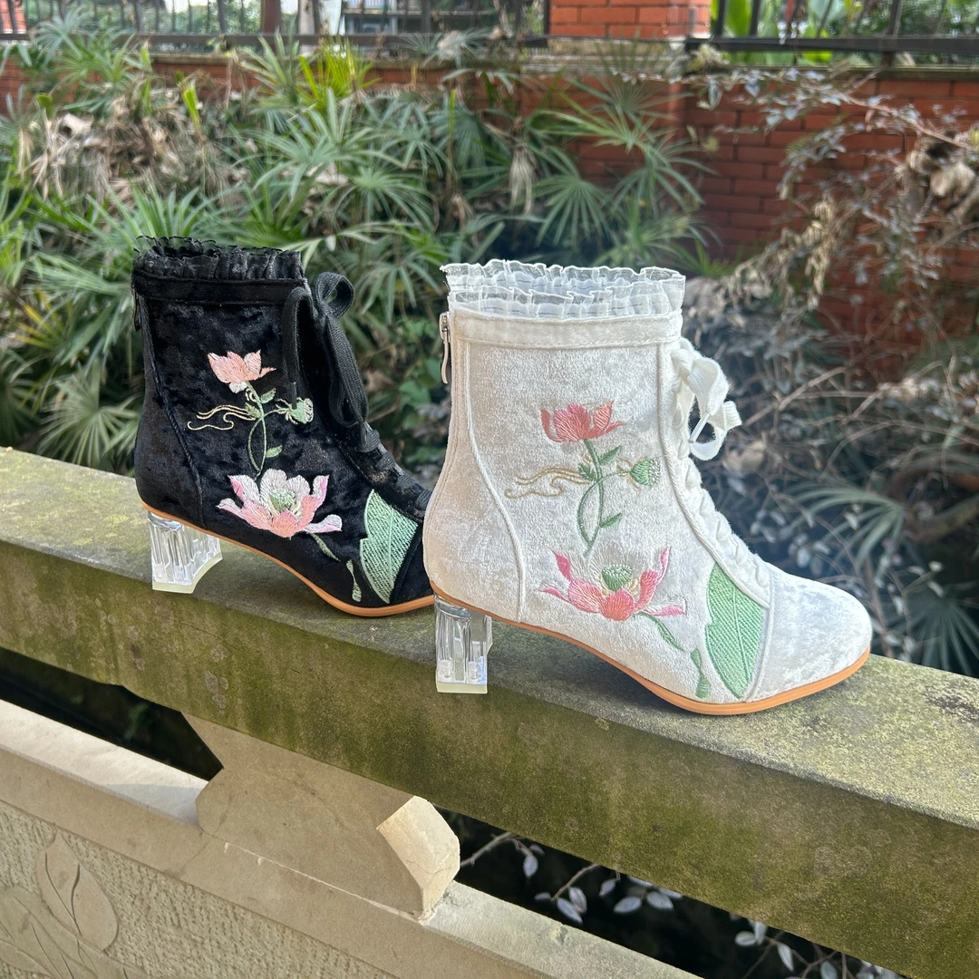 零尚舞度原创手工旗袍鞋民族国风复古绣花女靴2100短靴靴子高跟