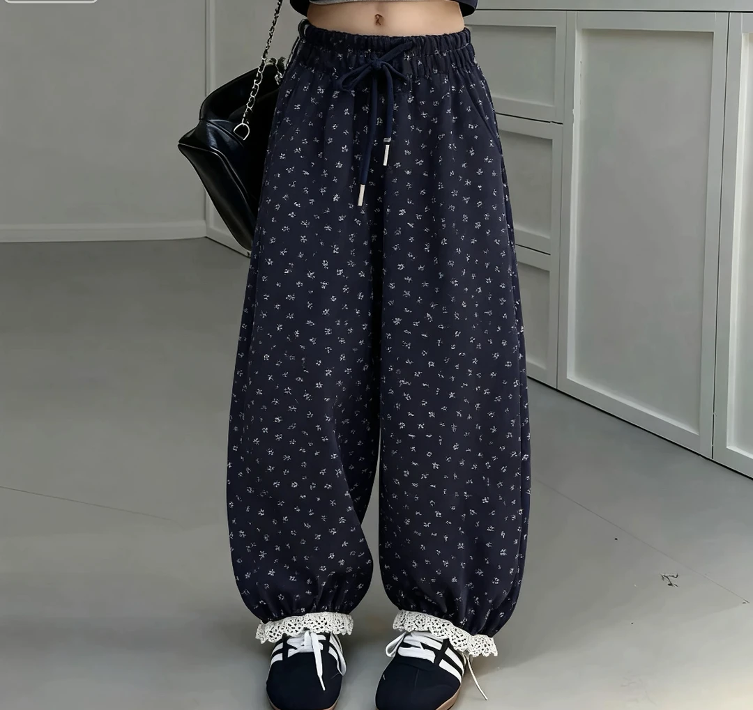 男女童秋冬季加绒加厚小碎花松腰中大童休闲束脚高级感韩版长裤