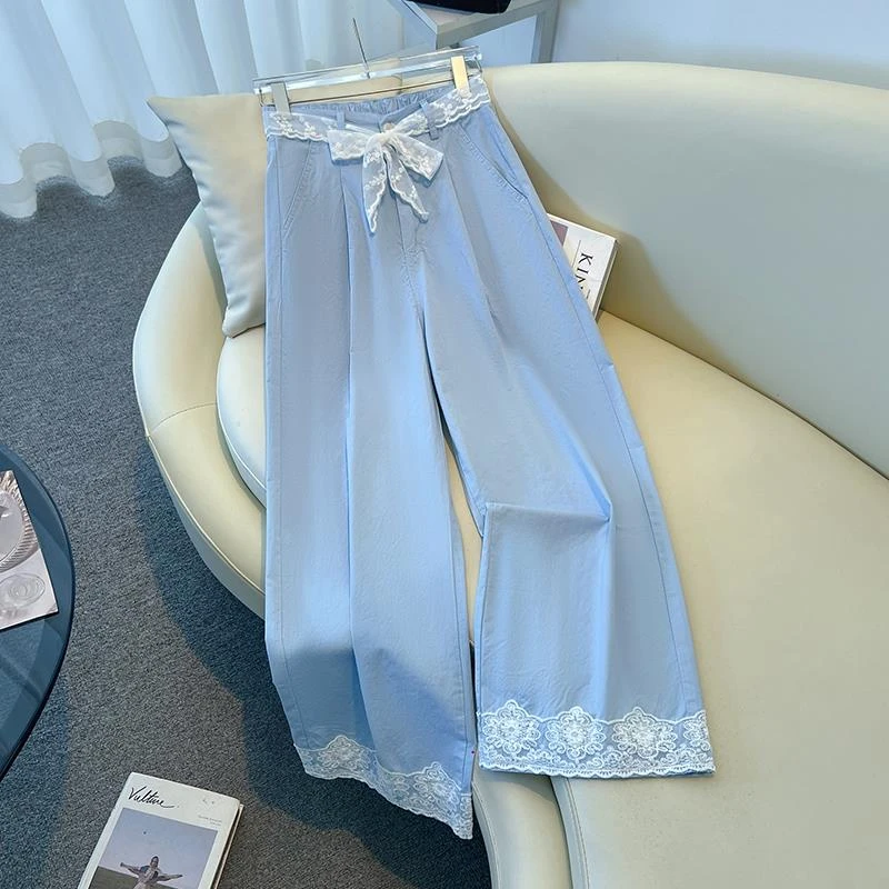 夏日松弛感浅蓝色阔腿裤女夏薄款2025宽松新款小个子九分直筒裤子