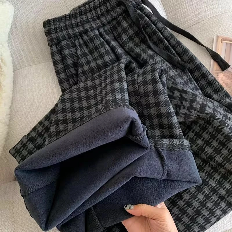 女童加绒格子裤初中生韩版宽松阔腿裤学生加绒直筒裤一体绒运动裤