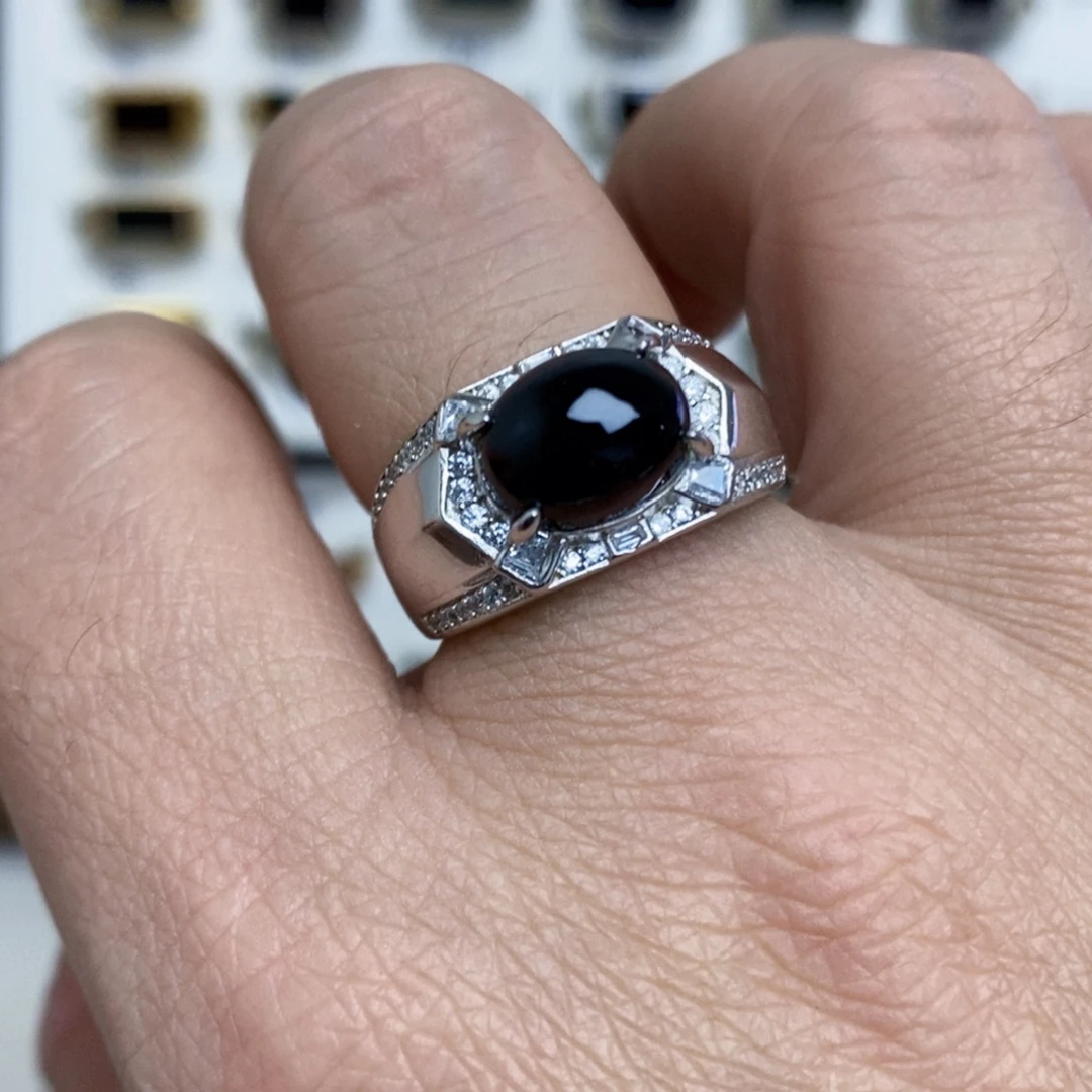 翡翠银S925镶嵌戒指墨翠戒指