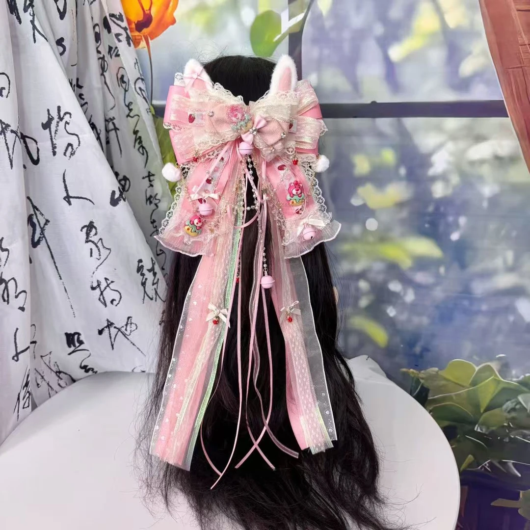 《草莓熊》甜妹必备可爱草莓熊蝴蝶结飘带发夹发卡拍照必备头饰发夹