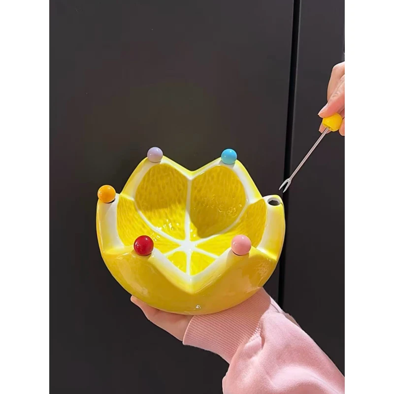 MOMO柚子果盘可爱陶瓷自带水果叉大容量水果摆放盘客厅SW