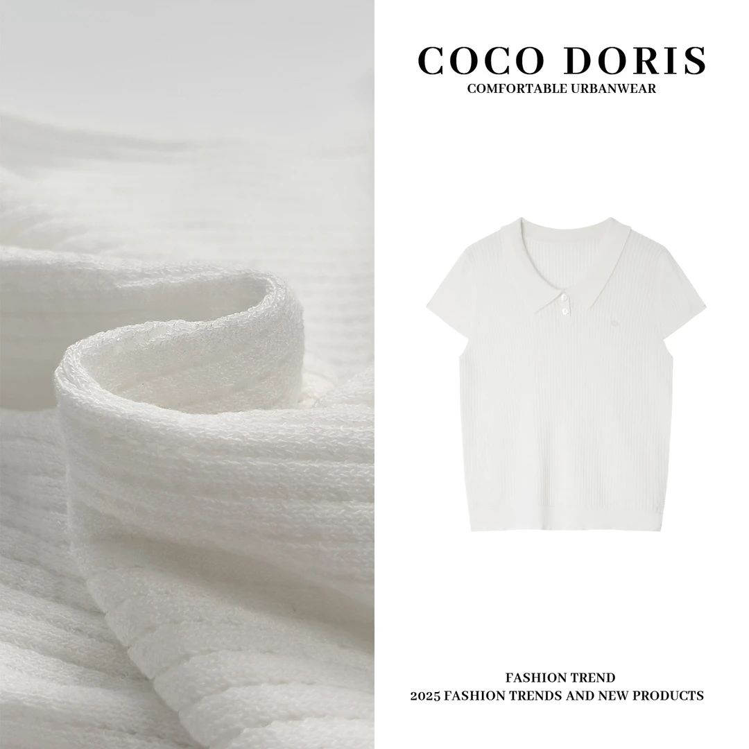 COCO DORIS2025春夏新款娃娃领纯色针织短袖通勤休闲百搭上衣3796