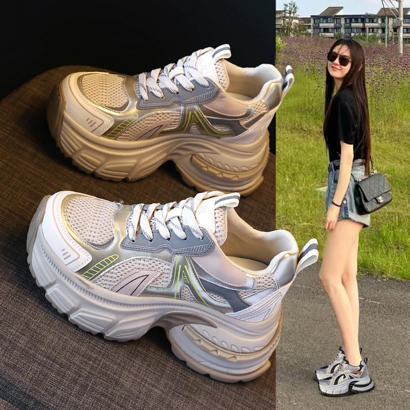 HT1180-16小个子厚底内增高网面透气老爹鞋女2025春季运动休闲鞋