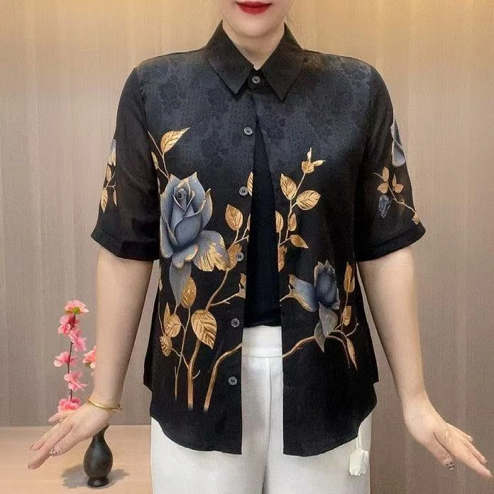 气质妈妈短袖中老年宽松遮肉翻领衬衫
