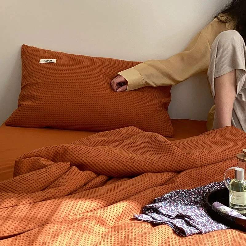 200*230cm轻奢高端焦糖色华夫格牛奶绒四件套S001