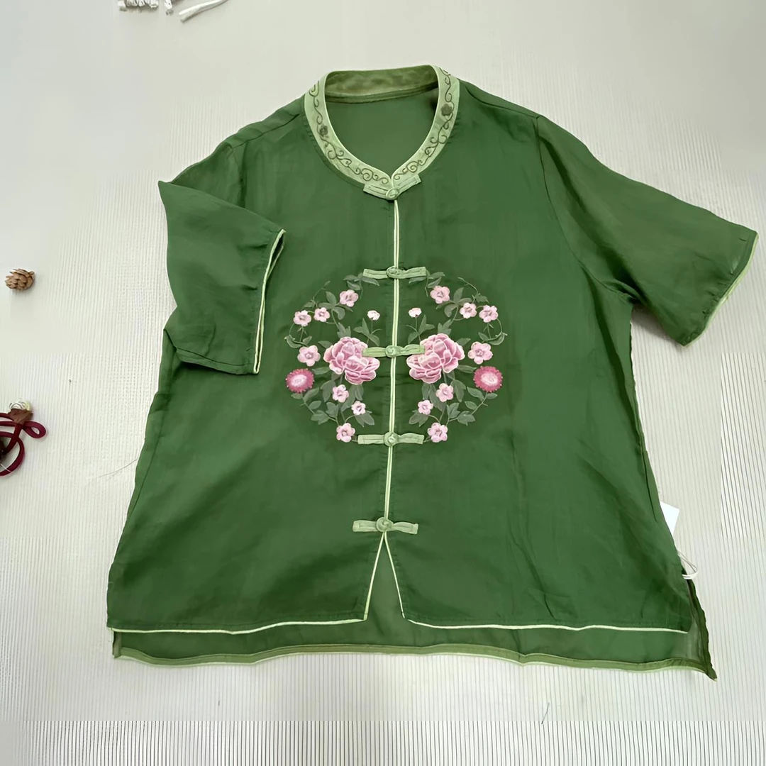 新中式宽松苎麻小衫刺绣圆领碎花短袖上衣1015-2肩40胸116长70