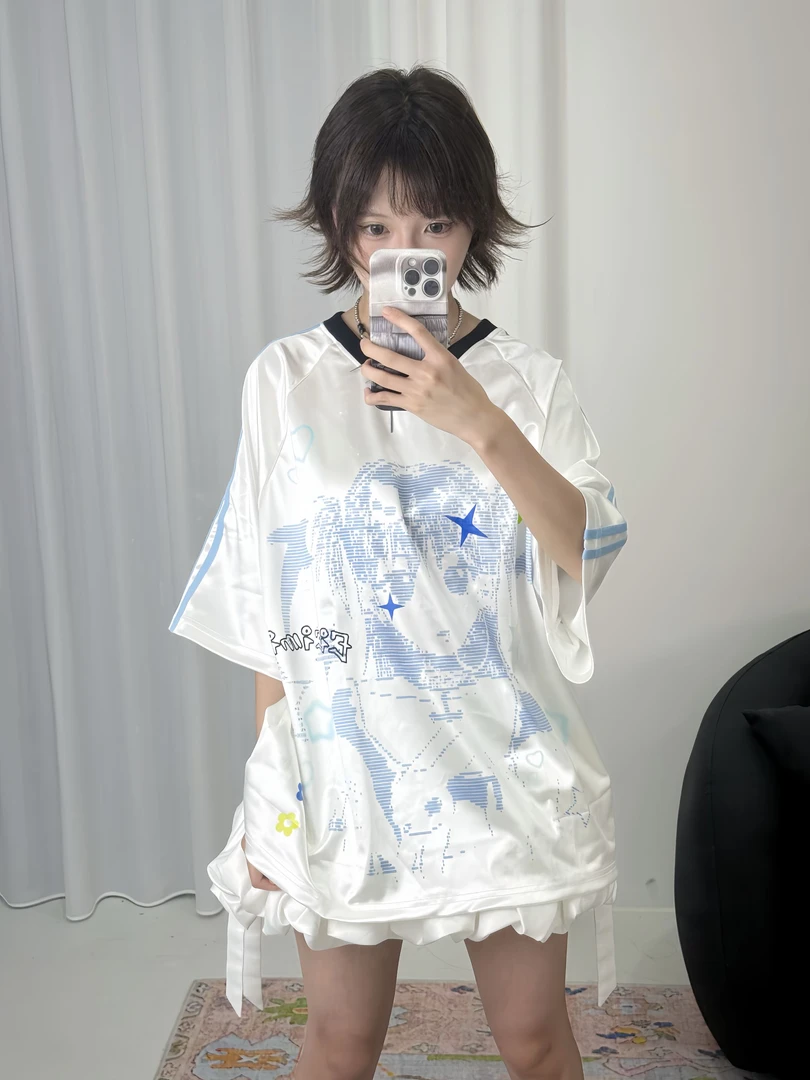 y2k珠光缎面卡通少女球衣短袖T恤女夏季新款宽松拼接V领休闲上衣
