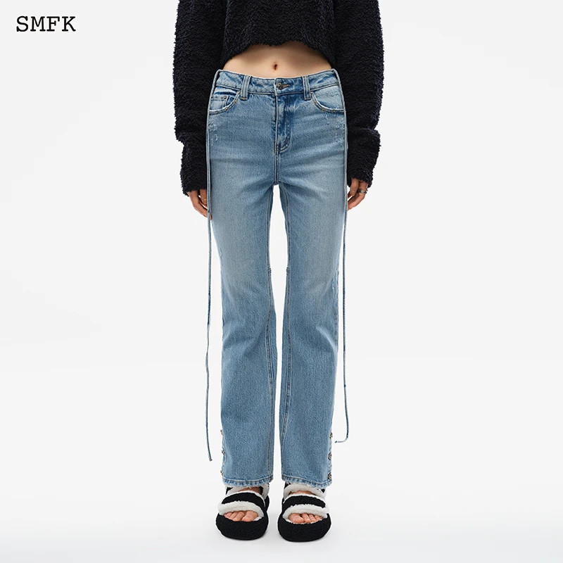 SMFK绑带牛仔裤直筒裤 UJ004DB 阔腿宽松复古风时尚显瘦百搭 2色