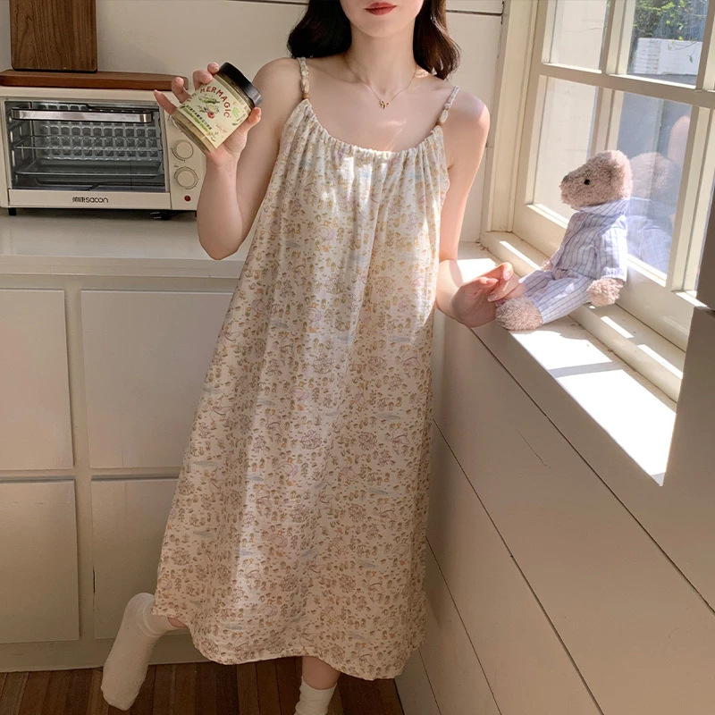 夏季100%纯棉纱布中长款睡衣裙家居服新款甜美可爱印花吊带睡裙女