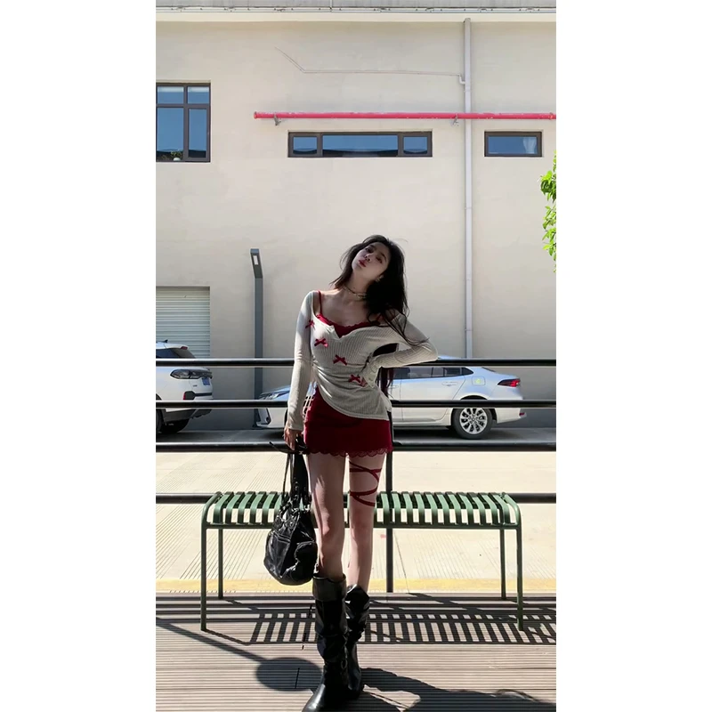 辣妹纯欲风设计感蝴蝶结长袖上衣T恤高腰显瘦修身蕾丝边短裙女