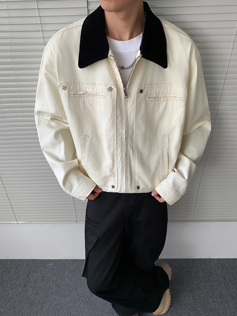 2025秋冬新款拉链牛仔夹克男休闲宽松短款拼接领子外套男女款百搭