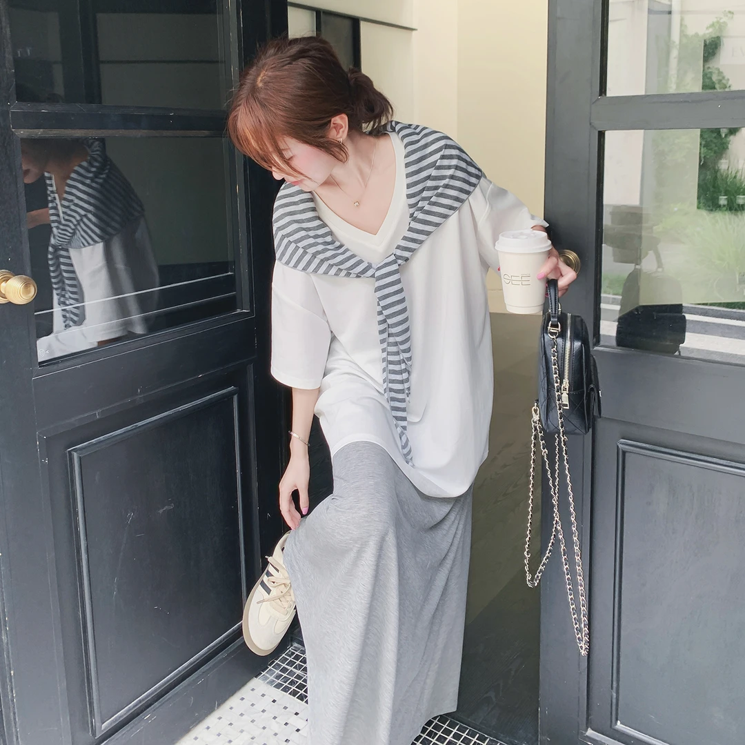 韩系慵懒松弛感条纹披肩T恤半身裙套装女2025夏季简约气质两件套