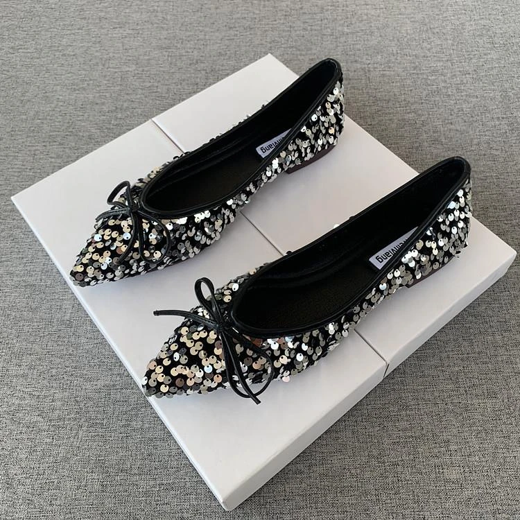 2025夏季新款亮片尖头平底鞋小香风蝴蝶结百搭鞋子舒适软底单鞋女