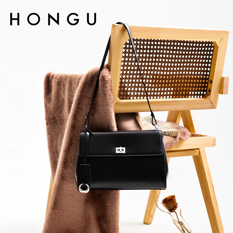 HONGU/牛皮真皮单肩腋下设计大容量百搭斜挎包女包H5176651X
