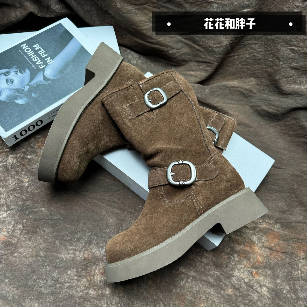 【NMD】时尚真皮厚底秋冬季圆头单鞋短靴880-23焦糖