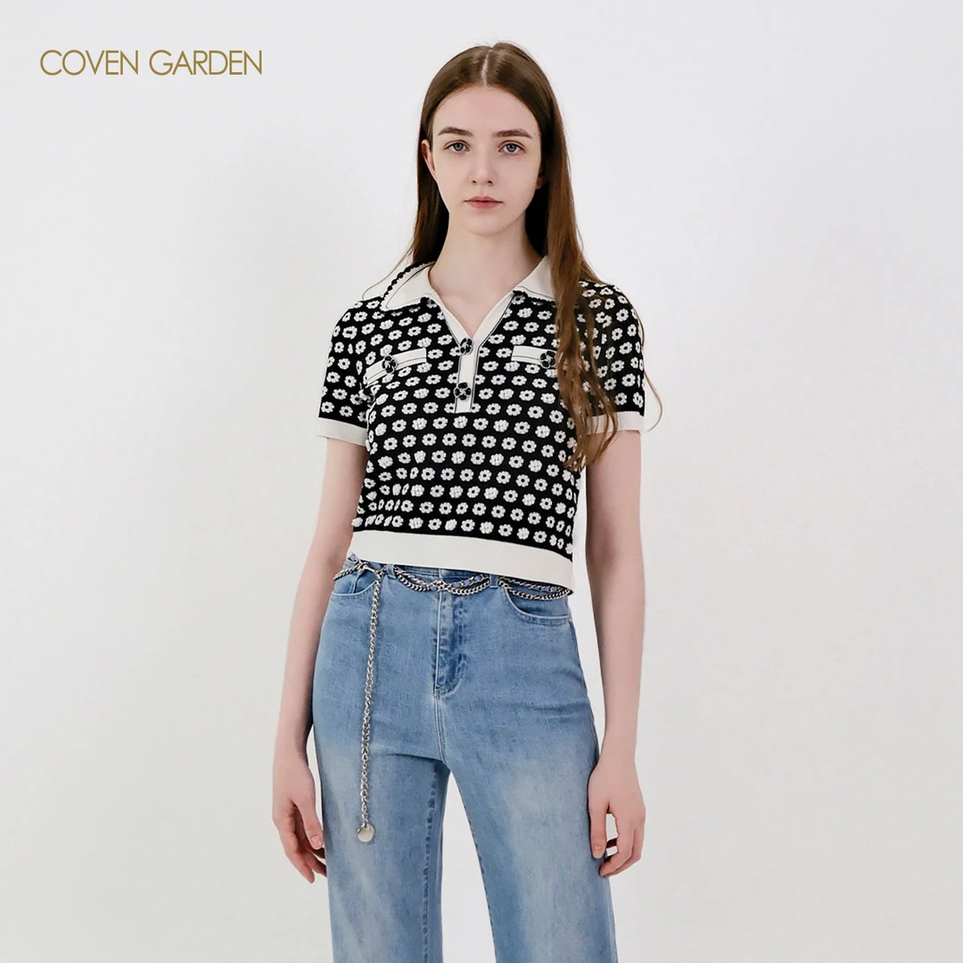 【哥文花园】2025夏季新款黑色小雏菊针织衫短袖上衣女CSA2031960