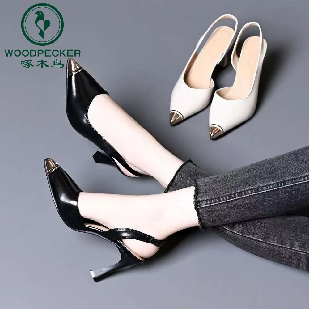 啄木鸟女鞋2025夏季新款铁头细跟高跟鞋尖头高跟凉鞋浅口后空单鞋