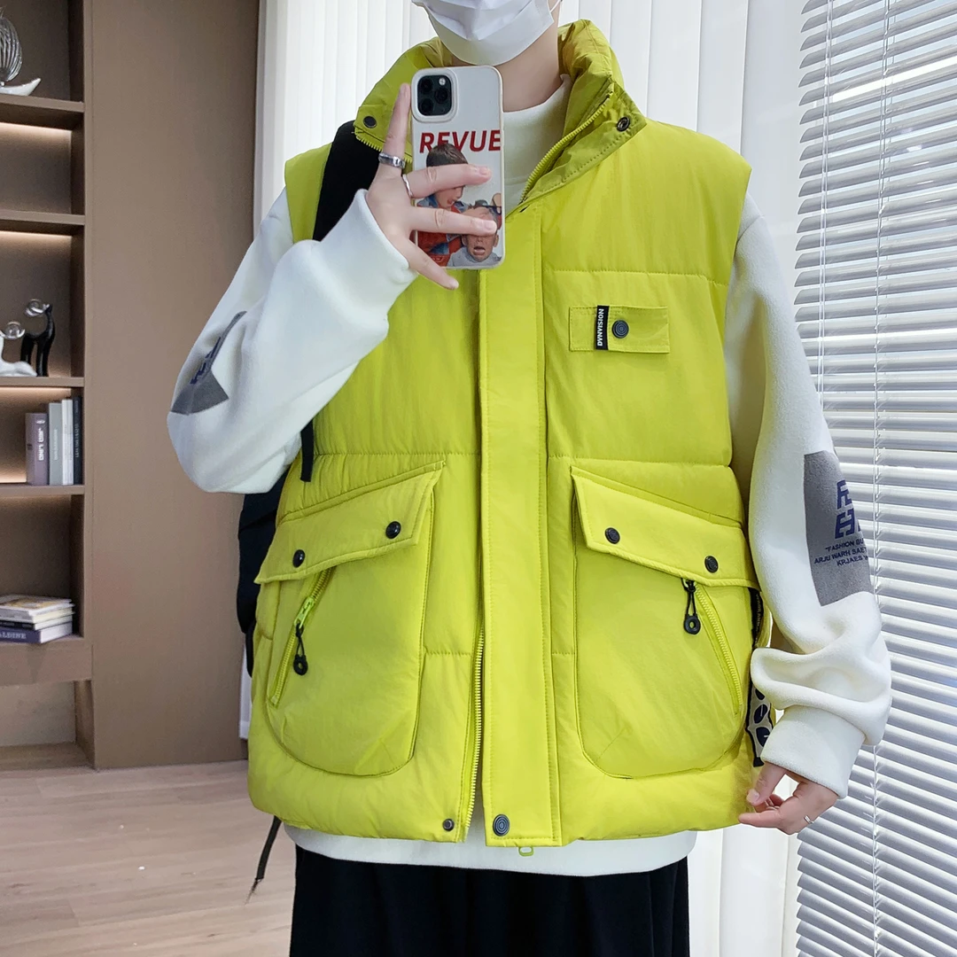 青少年百搭大口袋防寒保暖宽松学生立领马甲秋冬季纯色背心上衣男