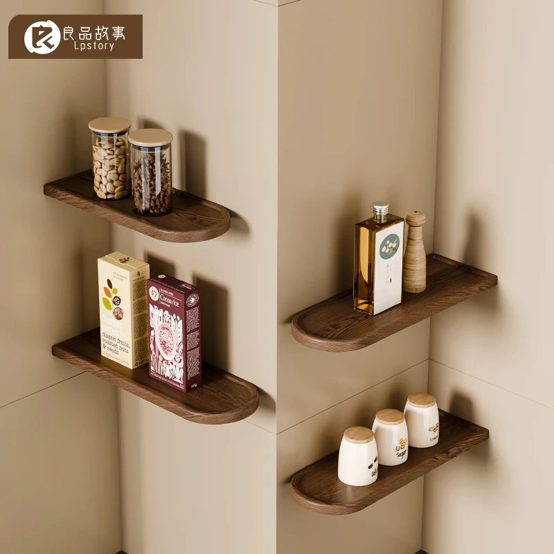 良品故事胡桃木厨房置物架中古风调料品罐架免打孔壁挂实木收纳架