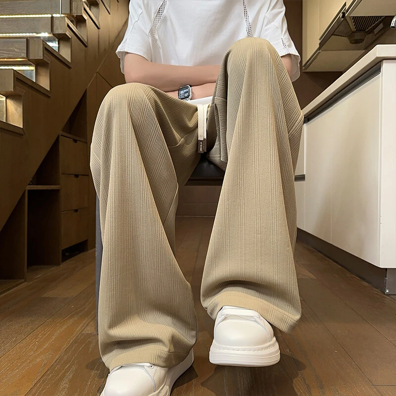 高级感冰丝裤子男夏季薄款肌理感透气休闲裤潮牌美式宽松直筒长裤