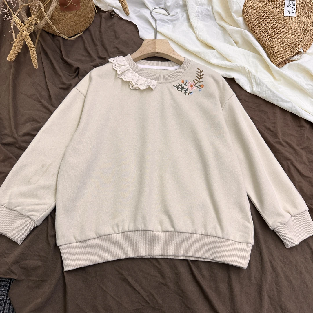 女童春秋新款儿童花边绣花卫衣童装时髦女童套头时尚上衣卫衣