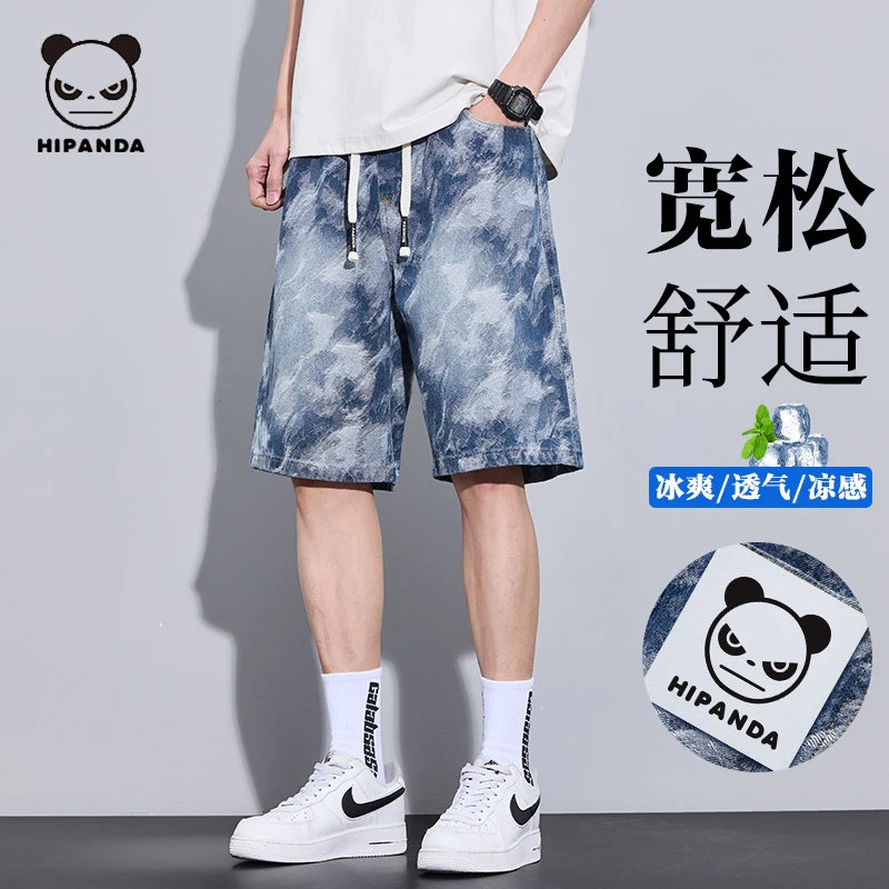 HiPanda牛仔短裤男士夏季薄款潮流五分裤休闲宽松直筒印花中裤潮