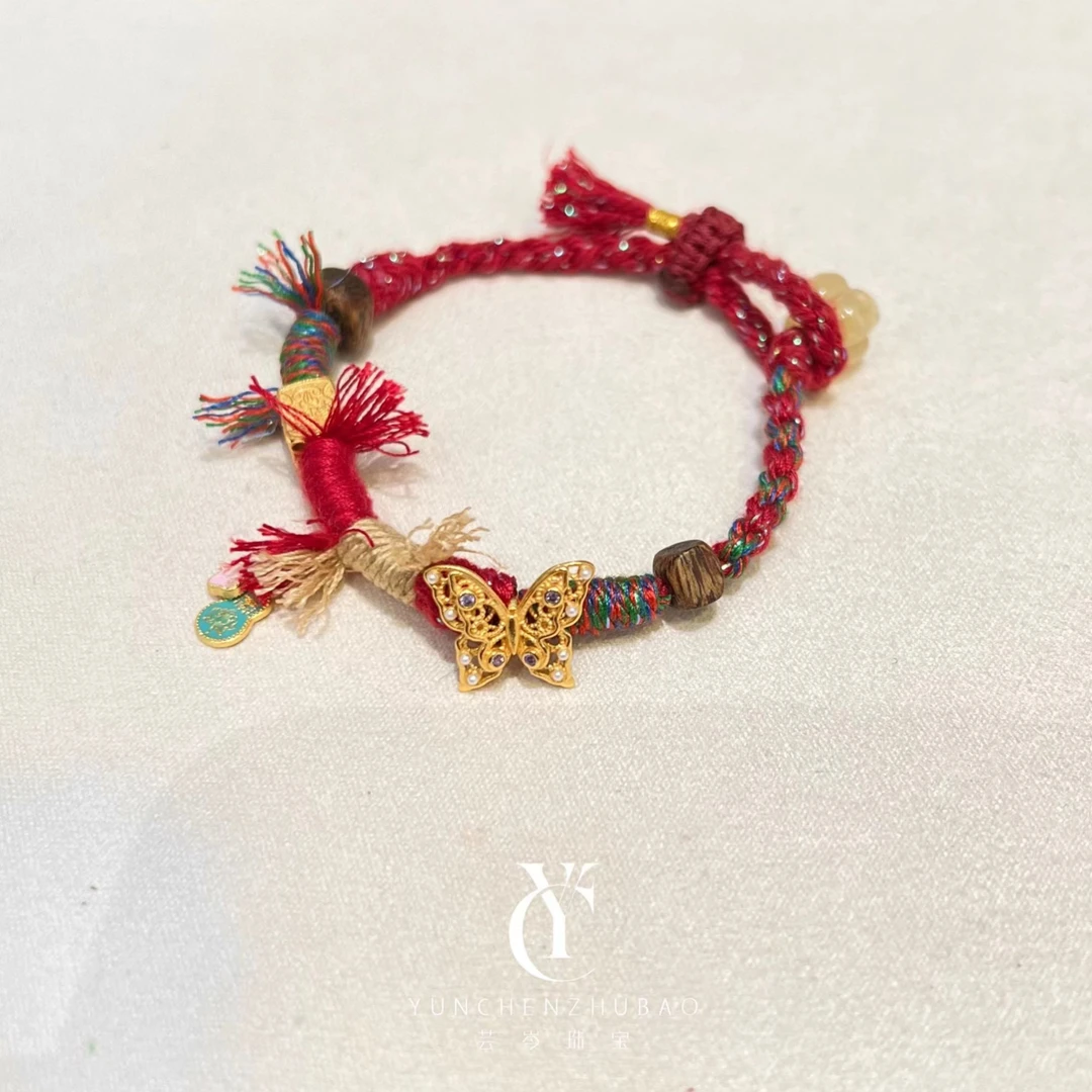 925银珐琅手链 蝴蝶925银新年红绳手链002