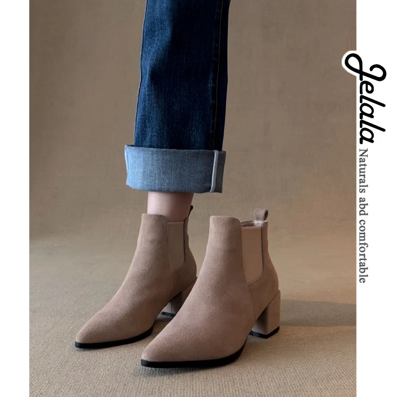 JELALA·复古黑色尖头中跟切尔西靴秋冬新款显高舒适百搭女靴A233