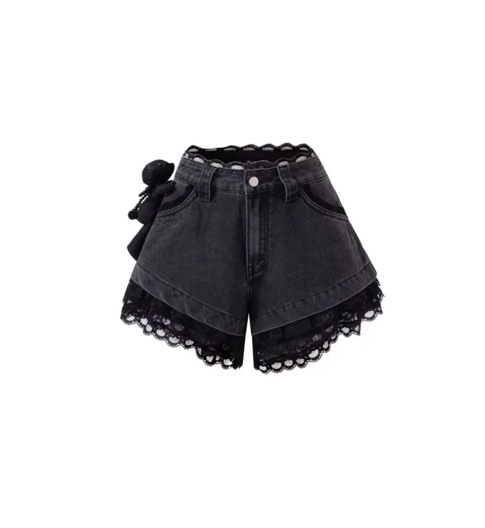 【瑶台银阙】牛仔蕾丝ins时尚设计师款减龄显瘦重磅裤裙百搭（007）