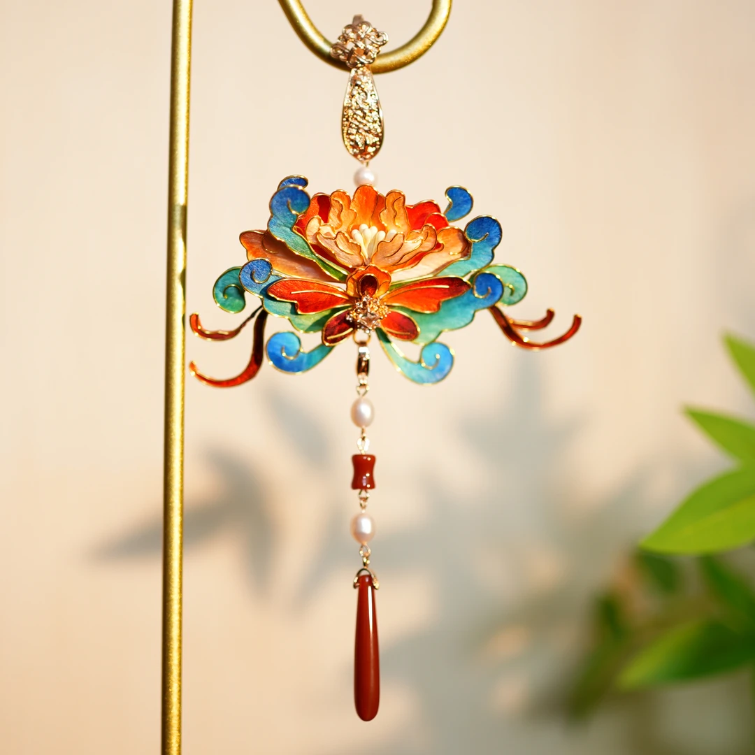 【敦煌牡丹花压襟挂件】非遗掐丝绒花工艺 国风百搭