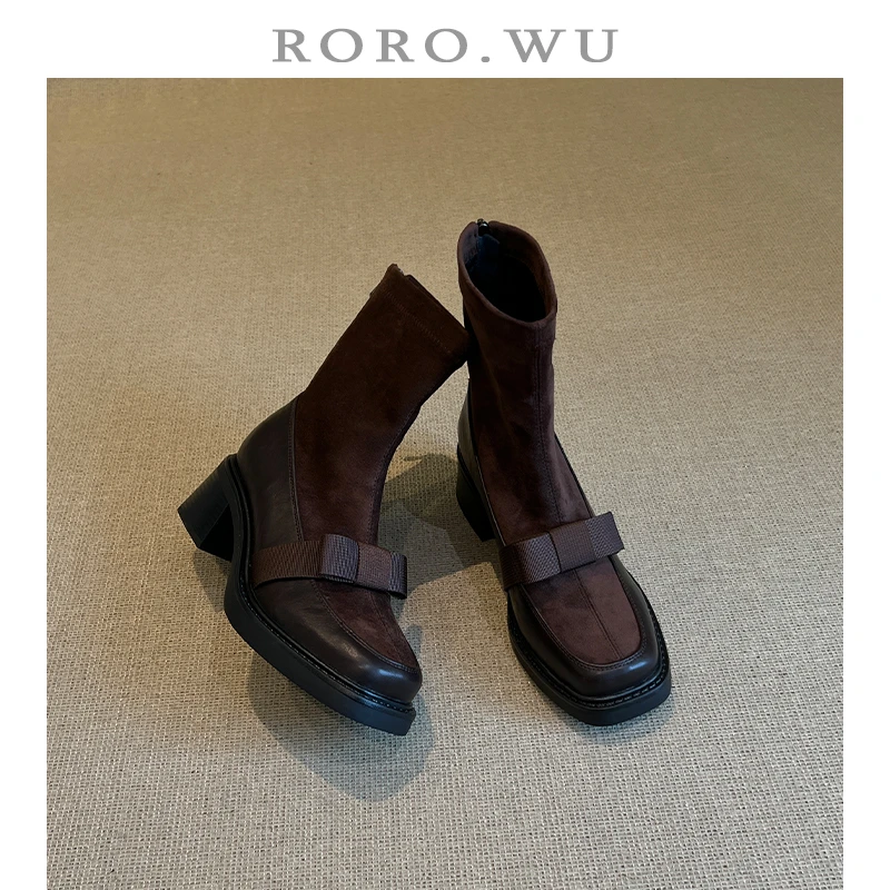 娆娆吴·牛皮复古法式蝴蝶结方头显瘦袜靴秋冬新款粗跟短筒靴女Z42
