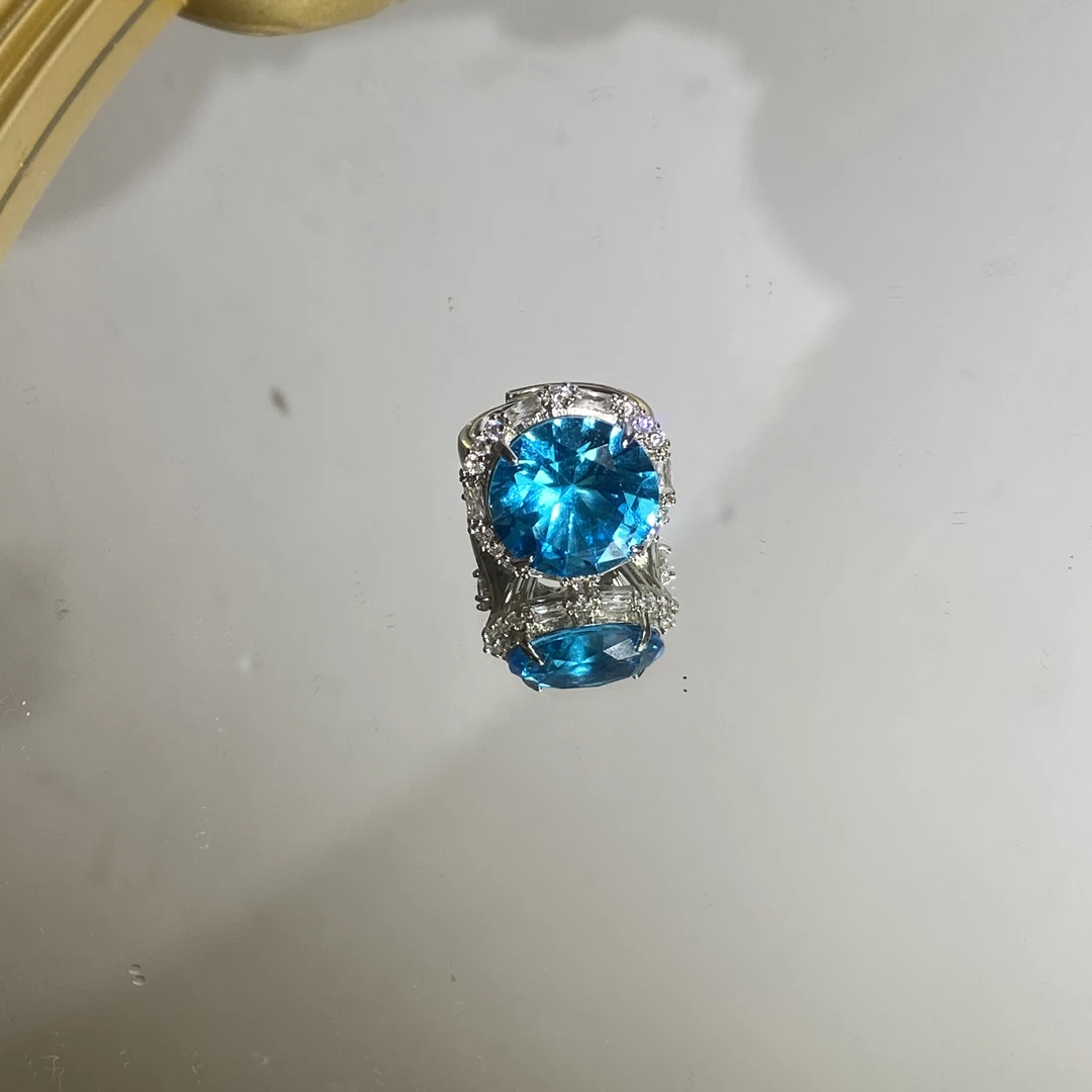 铜合金合成锆石戒指 TTSD 蓝色圆形简约轻奢百搭款戒指 735