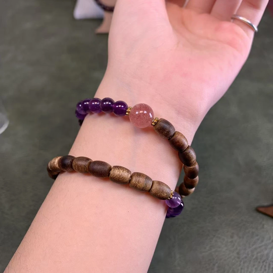 手作珠语集/ZA804天然水晶+沉香紫苏双圈手串带礼盒证书