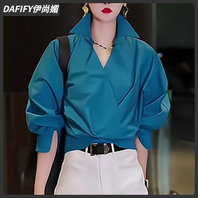 1翻领衬衫女春季设计感宽松显瘦独特别致漂亮蓝色叠穿气质上衣I