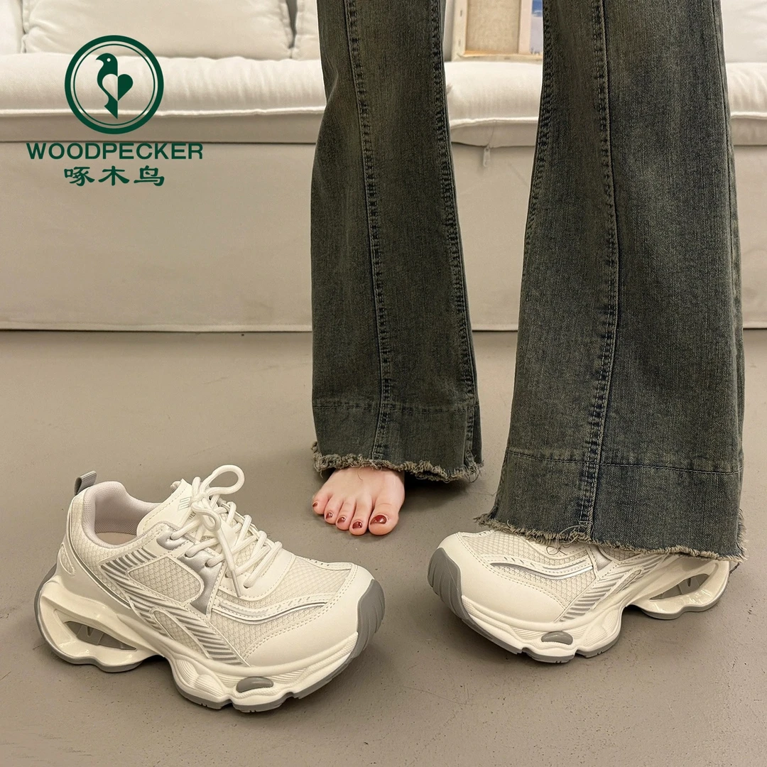 啄木鸟爆款厚底老爹鞋女春季增高2025新款网面透气百搭休闲运动鞋