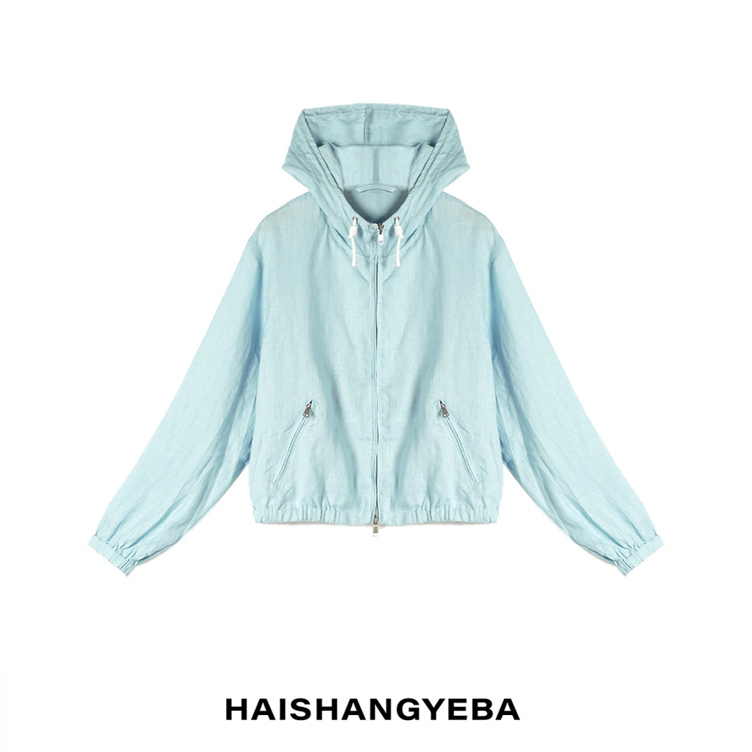 【海上叶爸】新款2025夏季百搭亚麻连帽双口袋长袖拉链衬衫外套