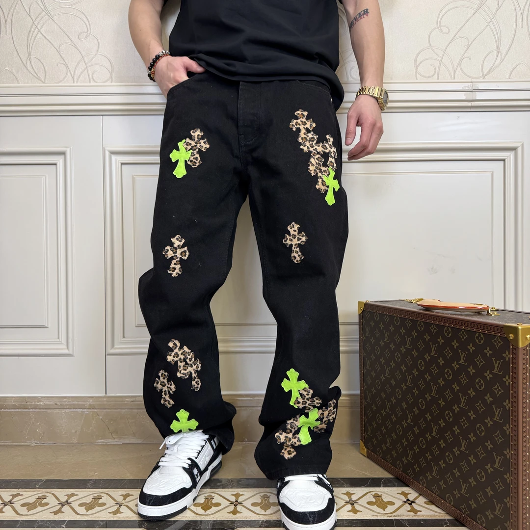 牛仔裤子宽松直筒百搭十字架拼皮男女同款美式复古潮流时尚同款