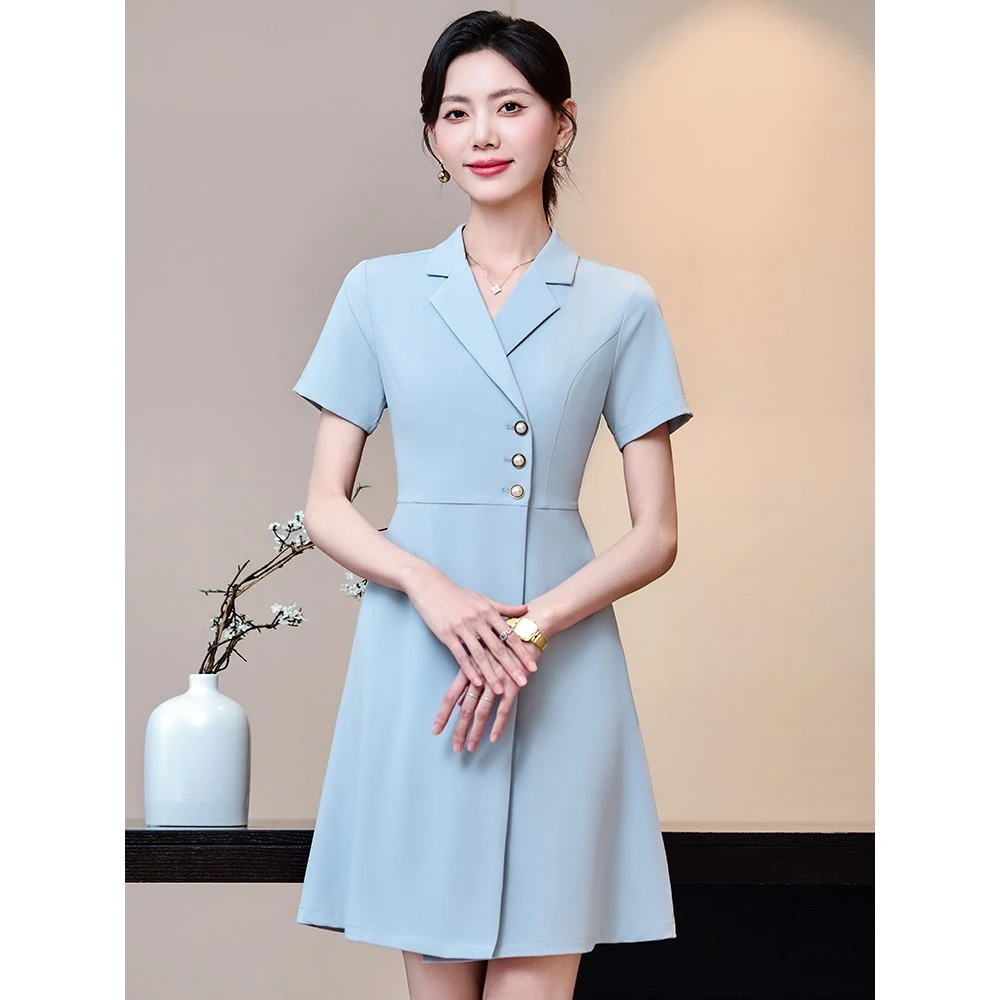 蓝色西装连衣裙女高级职业气质女神范主播上镜珠宝店美容院工作服