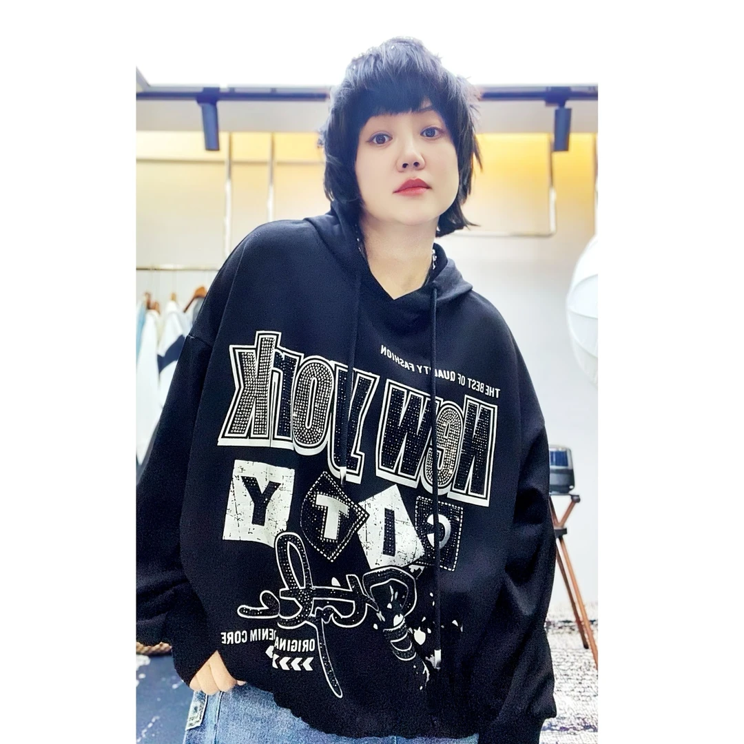 印花烫钻长袖卫衣套头时尚精致潮流休闲黑色宽松春秋