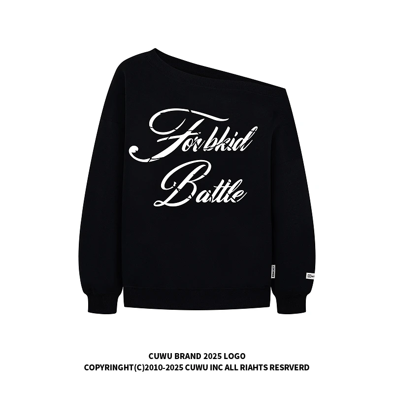 cuwu美式复古字母印花斜肩卫衣女秋季街头休闲宽松长袖露肩上衣潮