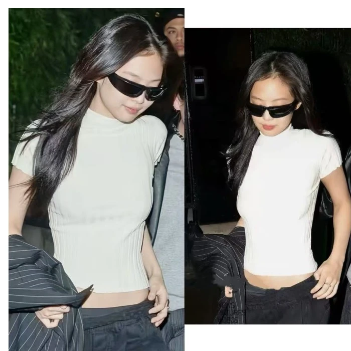 金智妮Jennie白色半高领修身显瘦短袖针织体恤上衣2025春夏t恤女