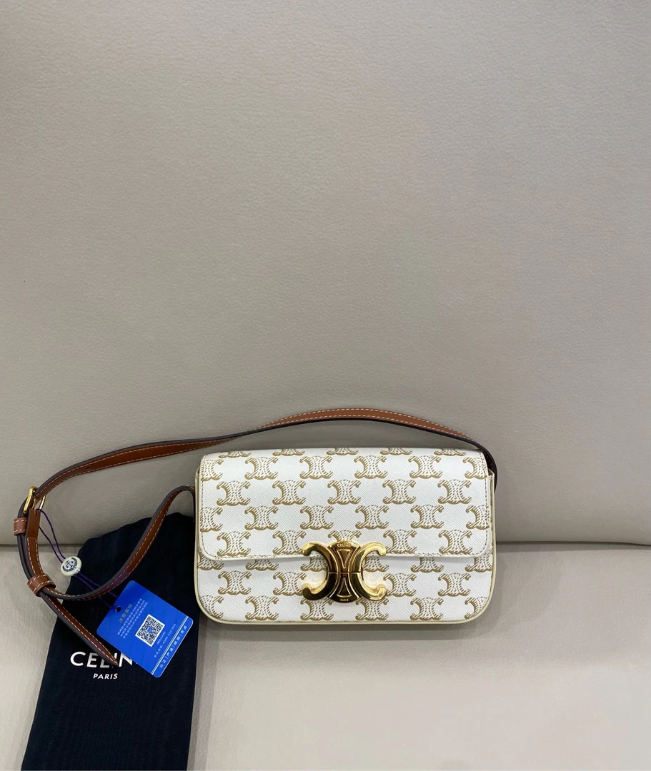 95新 Celine/思琳 凯旋门老花腋下包 白色老花有鉴定证书