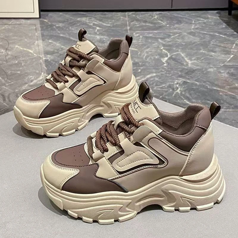 防滑皮面老爹鞋女厚底内增高女鞋2024春秋季新款百搭ins潮运动鞋