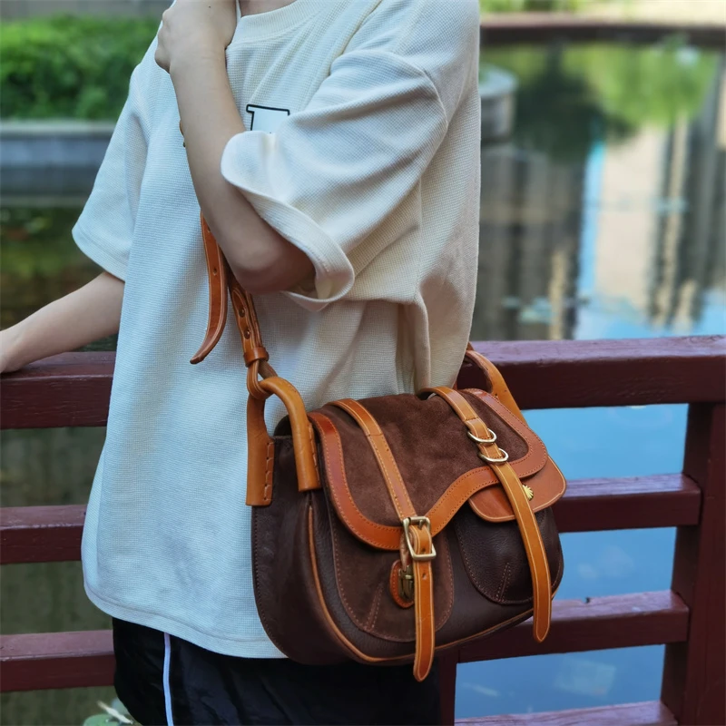 仪迪美式重工植鞣牛皮马鞍包单肩斜跨包男女同款女包高级感大容量