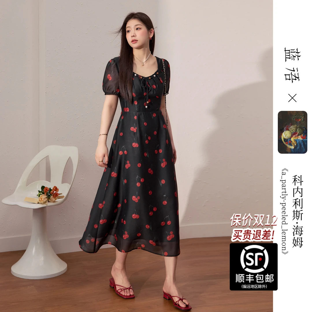 蓝语【海姆联名】黑色樱桃印花连衣裙夏季新款收腰显瘦a字茶歇裙