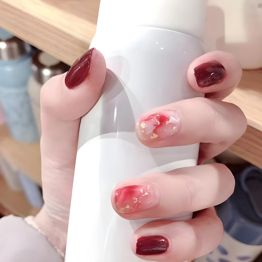 【酒红闪粉渐变】QXJ春夏穿戴甲短款美甲甲片  显白指甲贴片